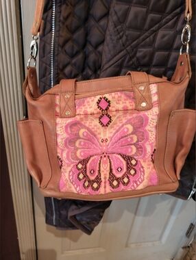 Brown Leather Tote with Pink Butterfly Embroidery